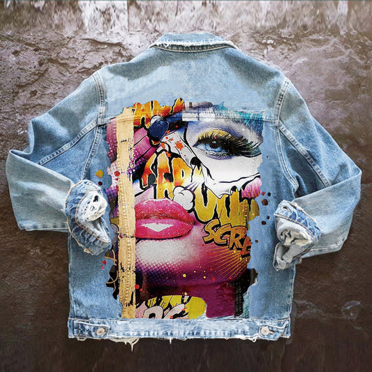Women's Autumn Hot Selling Tongue Out Print Pattern Lapel Denim Jacket