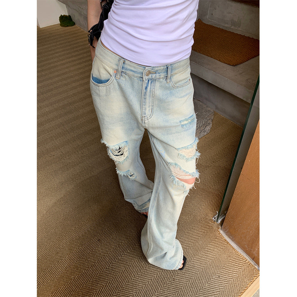 High Street Distressed Ripped Straight Leg Jeans for Women - Vintage Casual Pants