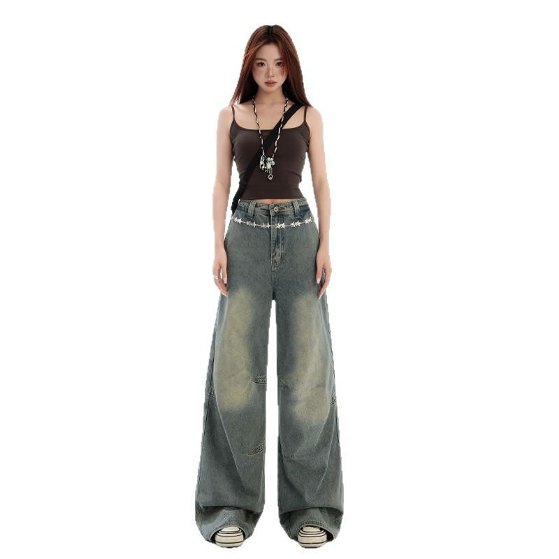 Blue Wide Leg Jeans with Deconstructed Design - Women's Straight Leg Denim Pants