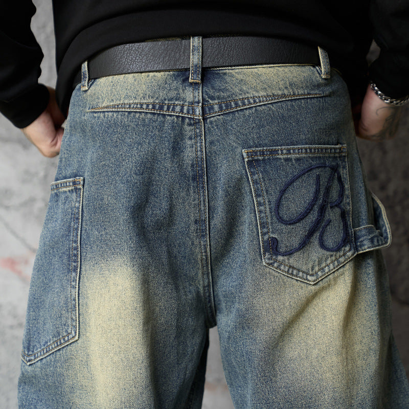 Vintage Washed Blue Denim Pants with Letter Embroidery for Men