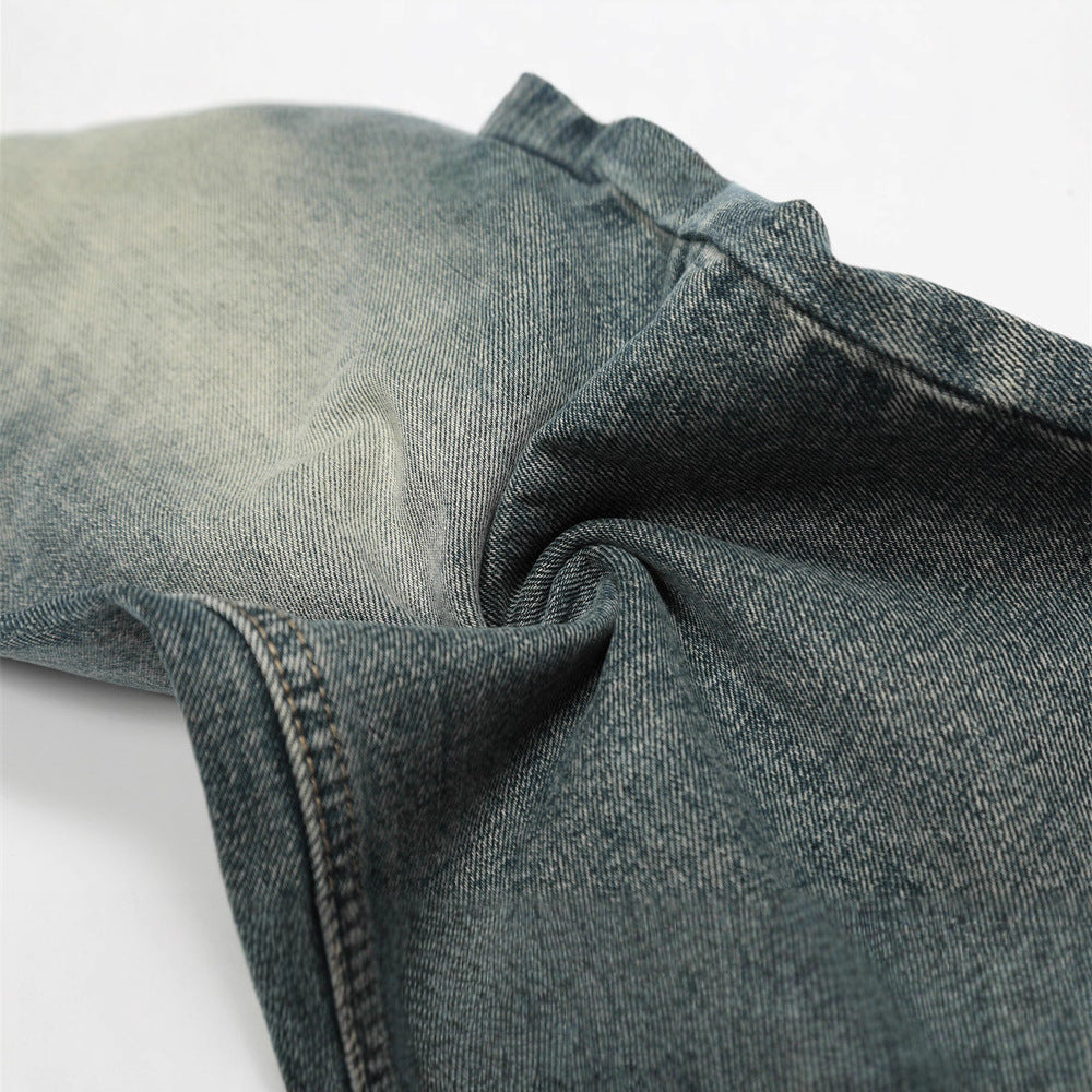 Retro Men's Jeans, Faded White Catwhisker Straight Leg, Versatile, Loose Fit Men's Pants