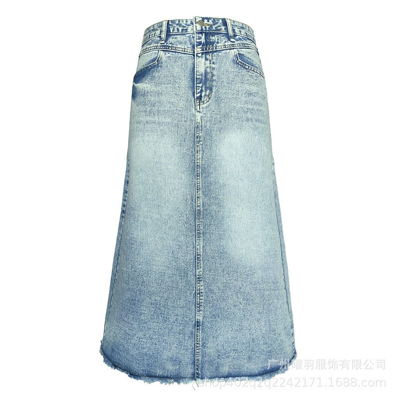 Women's Vintage A-Line Denim Skirt - Retro High Waist Mid-Length Dress in Blue