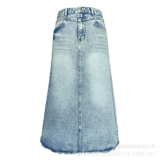 Women's Vintage A-Line Denim Skirt - Retro High Waist Mid-Length Dress in Blue
