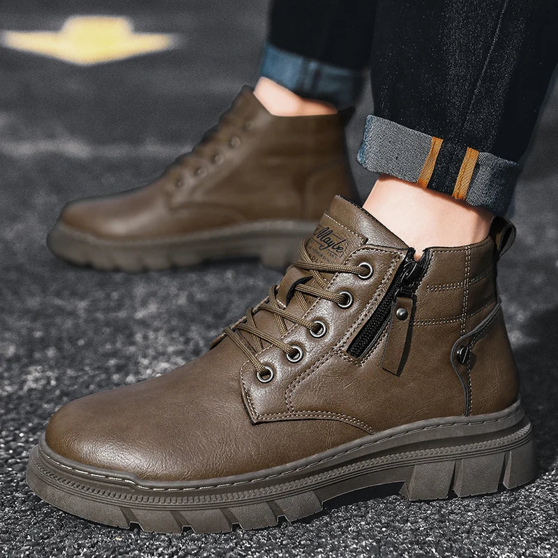 Men's Retro Leather Work Ankle Boots Thick Bottom - High Top