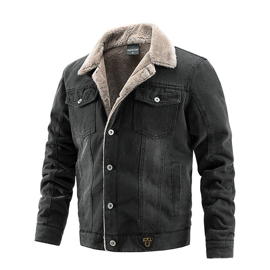 Men's Denim Coat - Casual Plush Jacket for Autumn and Winter