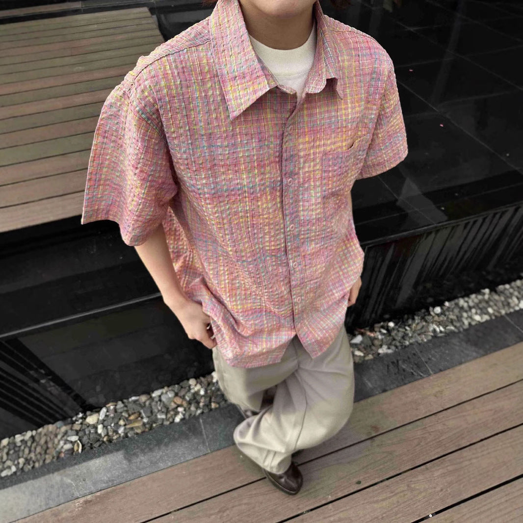 Woven Plaid Cross Yoke Loose Silhouette Short Sleeve Shirt