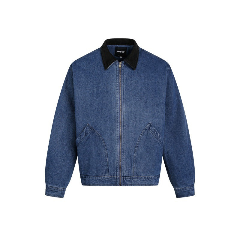 Washed Corduroy Collar Zipper Denim Jacket