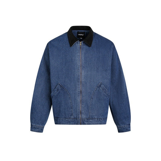 Washed Corduroy Collar Zipper Denim Jacket