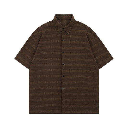 Retro Textured Short Sleeve Shirt High Street Solid Color Loose Fit Casual Couple Shirt