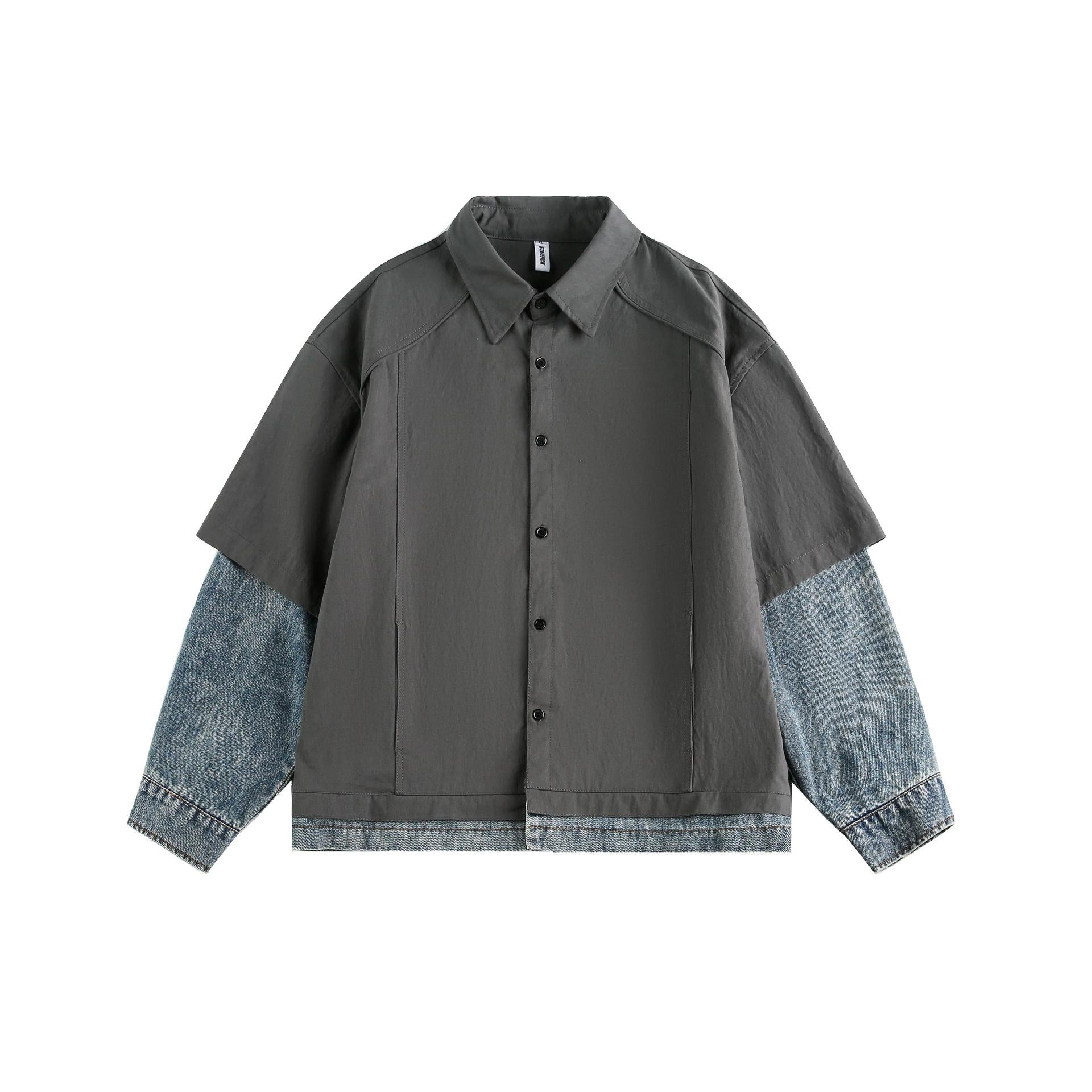 Spliced Faux Two Denim Shirts with Retro Loose Fit