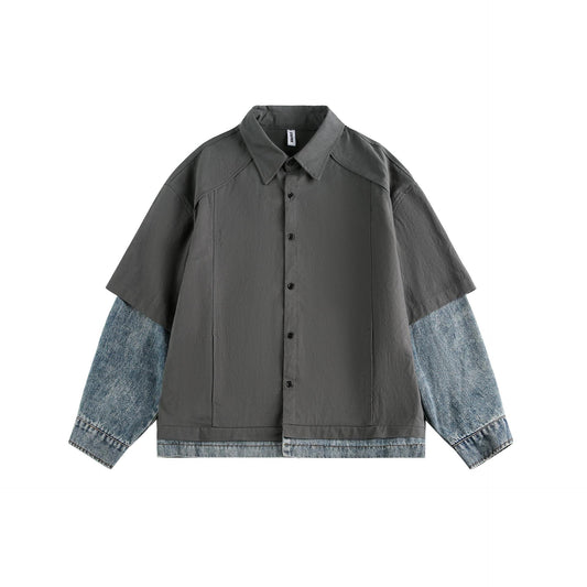 Spliced Faux Two Denim Shirts with Retro Loose Fit