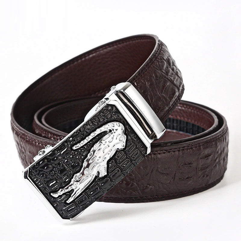 Men's Genuine Leather Belt with Automatic Buckle - Cowhide and Crocodile Pattern