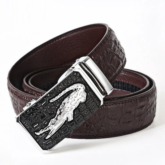 Men's Genuine Leather Belt with Automatic Buckle - Cowhide and Crocodile Pattern