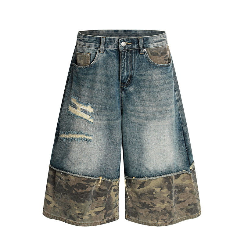 Camouflage Patchwork Denim Shorts for Modern Streetwear