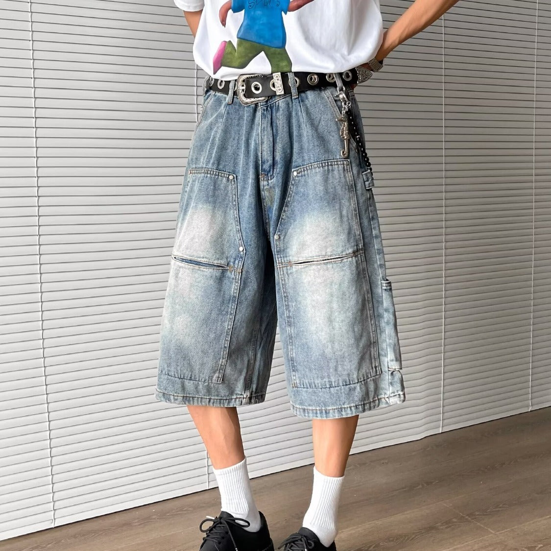 Stylish Multi Pocket Wide Leg Cropped Pants in Washed Blue Denim