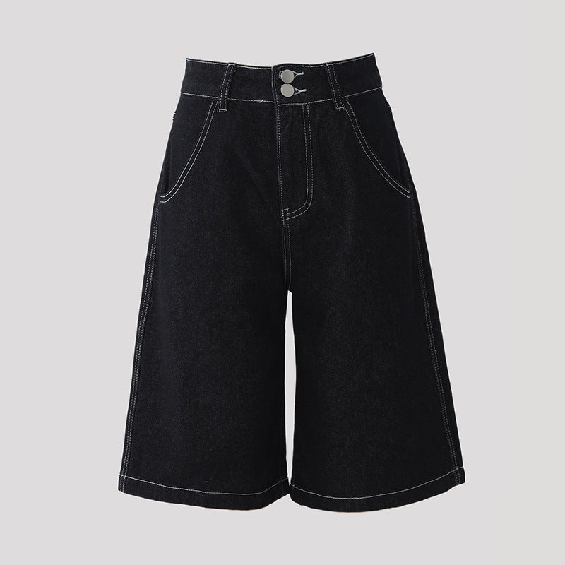 Women's Double Button High Waist Retro Loose Wide Leg Denim Trousers