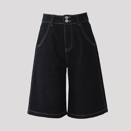 Women's Double Button High Waist Retro Loose Wide Leg Denim Trousers