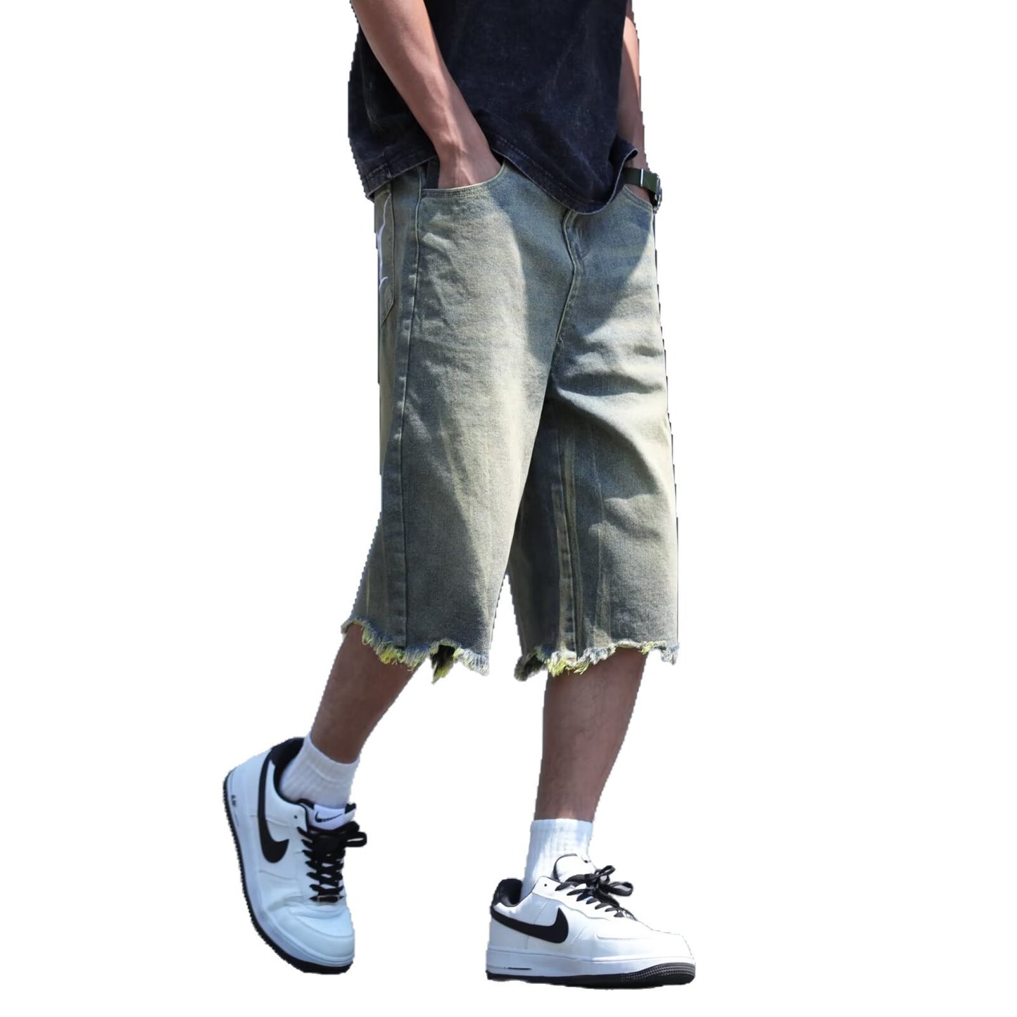 Washed Embroidered Fringed Denim Loose Straight Leg Seven Quarter Pants