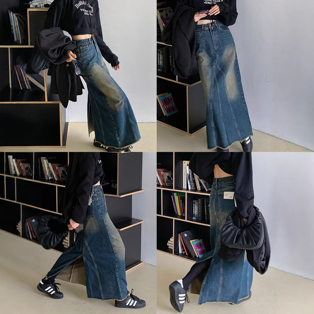 High-Waisted Slimming Washed A-Line Denim Skirt with Frayed Hem