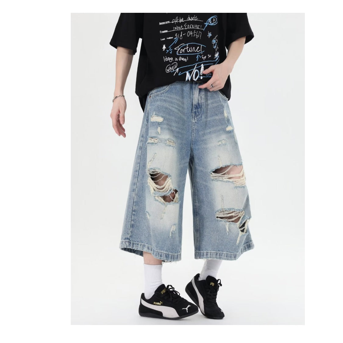 Ripped Denim Loose Washed Distressed Wide Leg Shorts