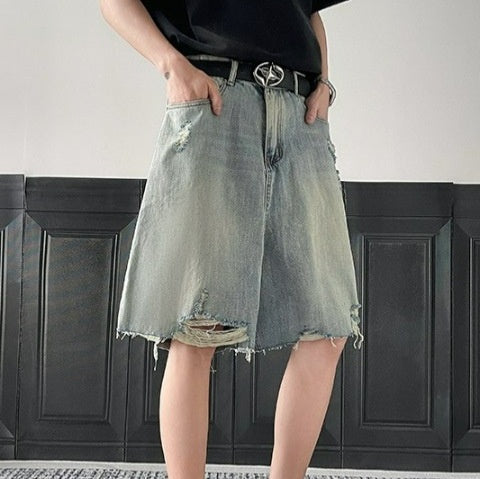 Ripped Denim Relaxed Fit Five-Quarter Pants