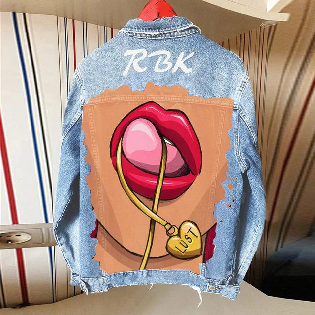 Women's Denim Jacket with Tongue Out Print