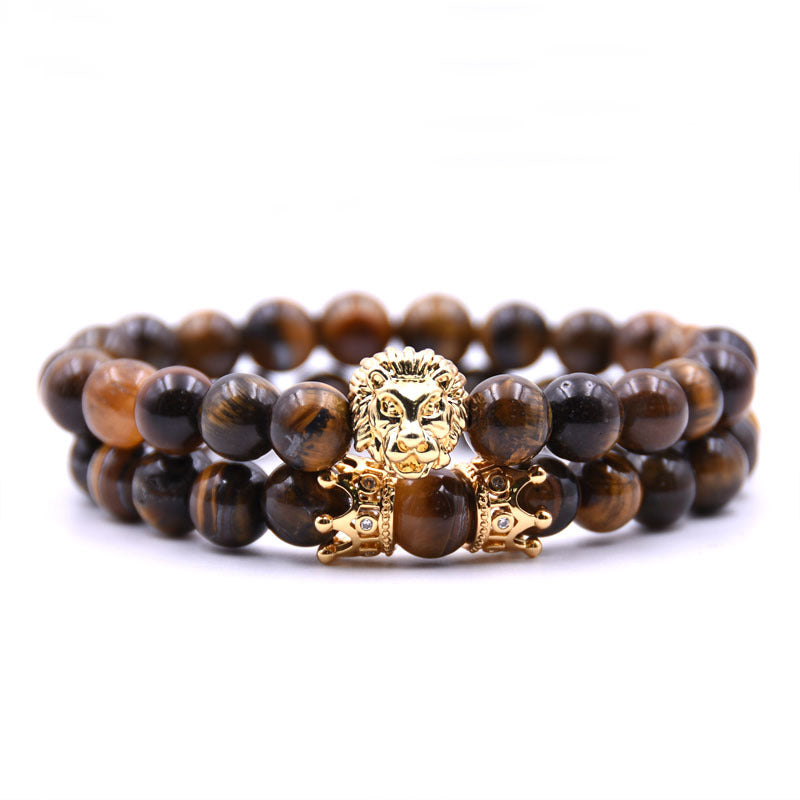 King Lion Bracelet Charm Crown Couple Bracelet with 5 Types of Natural Stone Beads for Men - Hand Jewelry Accessories