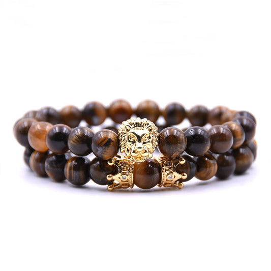King Lion Bracelet Charm Crown Couple Bracelet with 5 Types of Natural Stone Beads for Men - Hand Jewelry Accessories