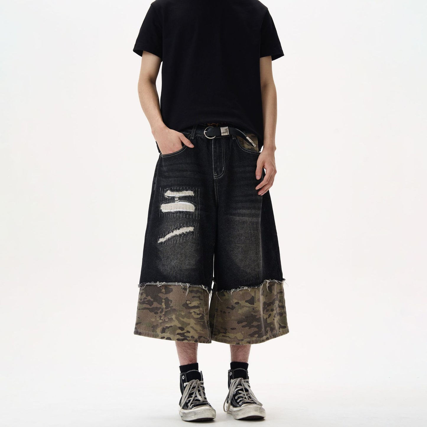 Black Denim Wide Leg Straight Leg Pants - 7 Inch