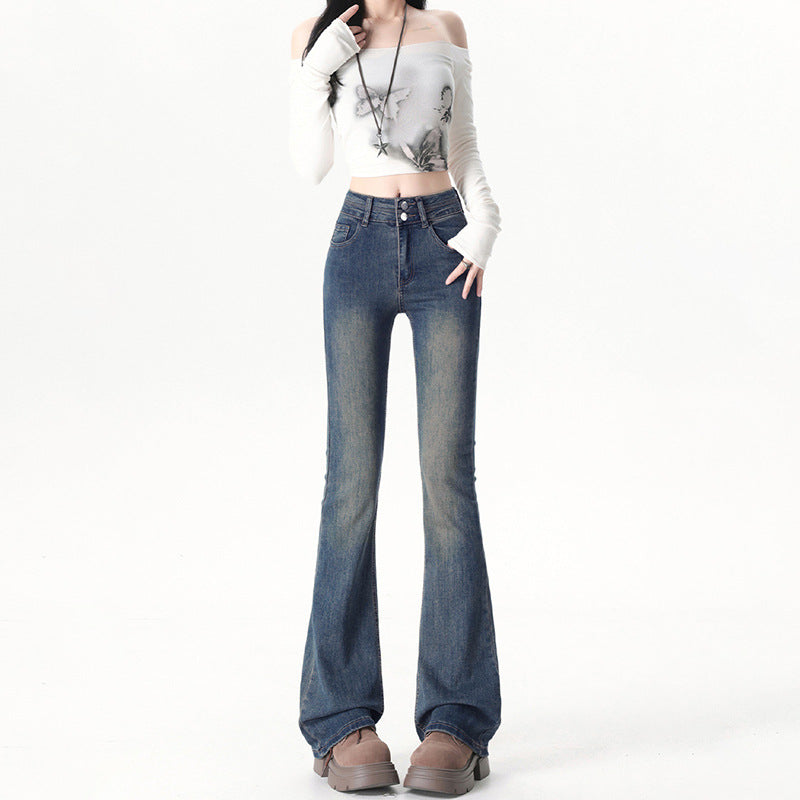 Individual  Double Button Flared Jeans for Women - High Waist Slimming Hoof Bell Bottom Denim Pants