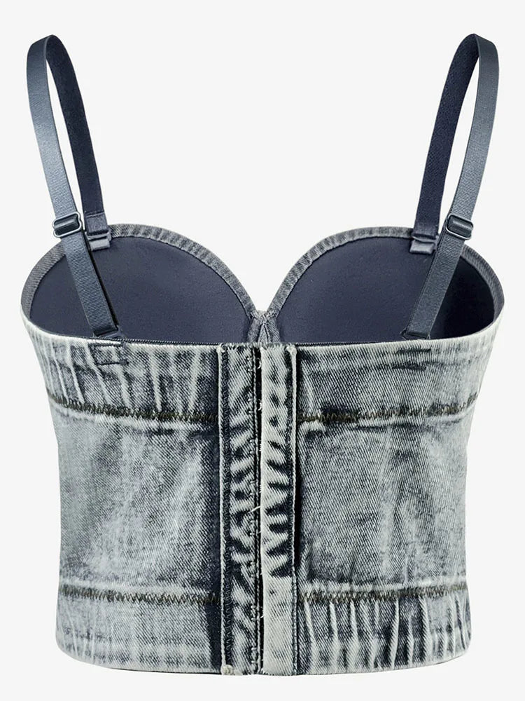 Sexy Women's Short Tank Tops Retro Fishbone Denim Camisole - Slim Fit