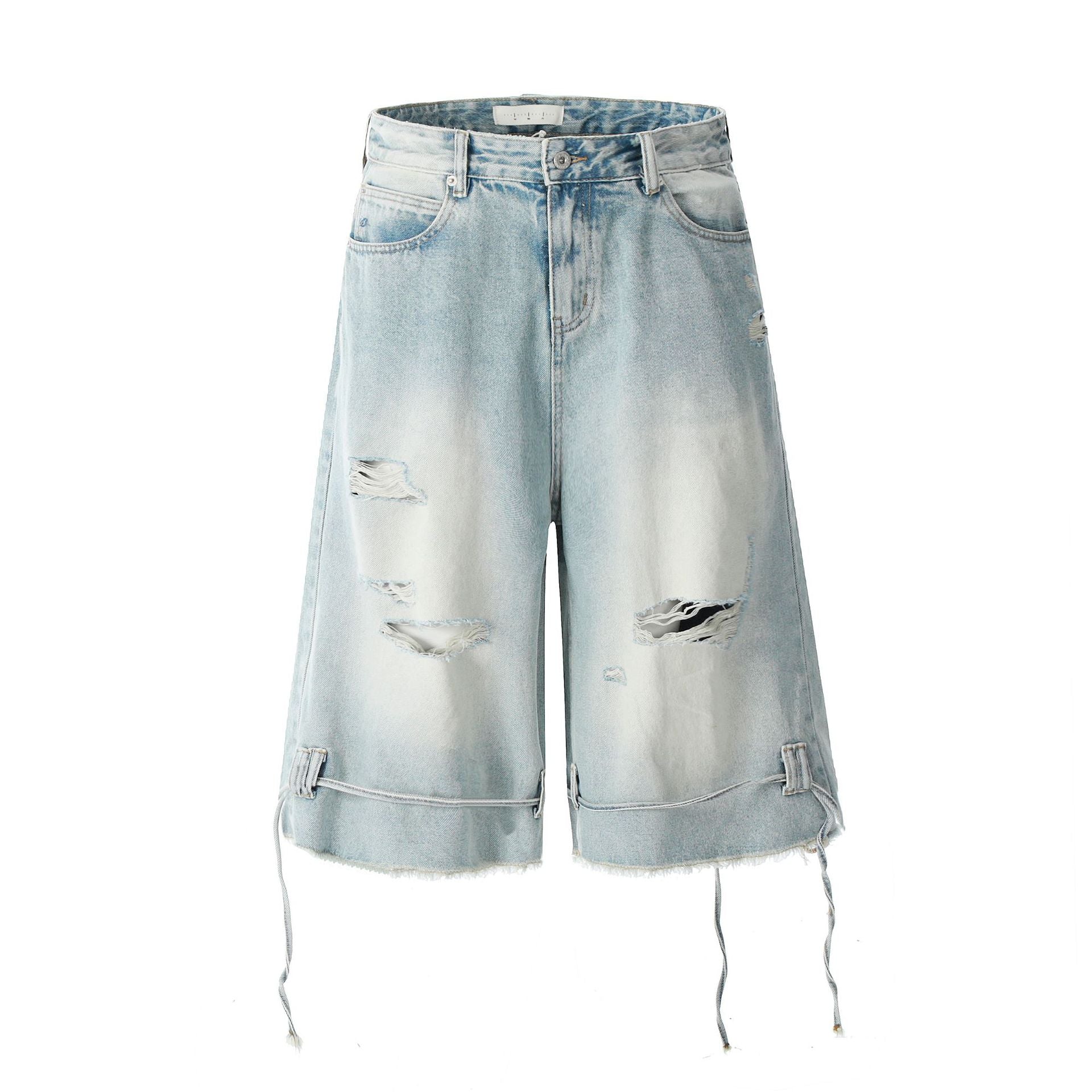Washed Distressed Denim Shorts with Loose Wide Legs and Drawstring