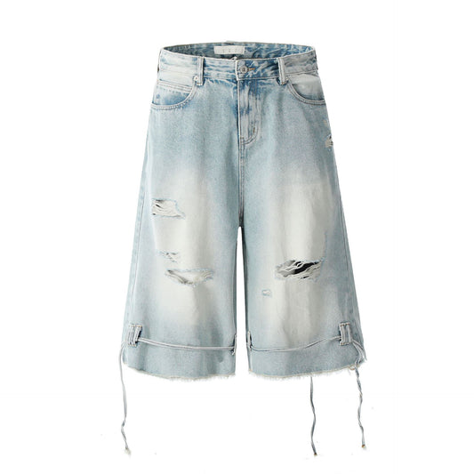 Washed Distressed Denim Shorts with Loose Wide Legs and Drawstring