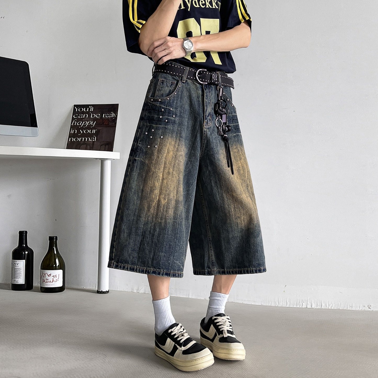 Retro Wide Leg Seven Quarter Denim Loose Casual Straight Leg Pants