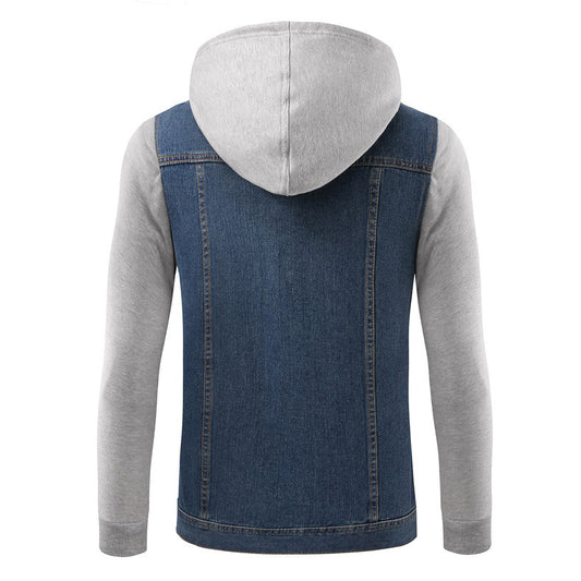 Casual Men's  Style Denim Jacket with Detachable Hood and Patchwork Design