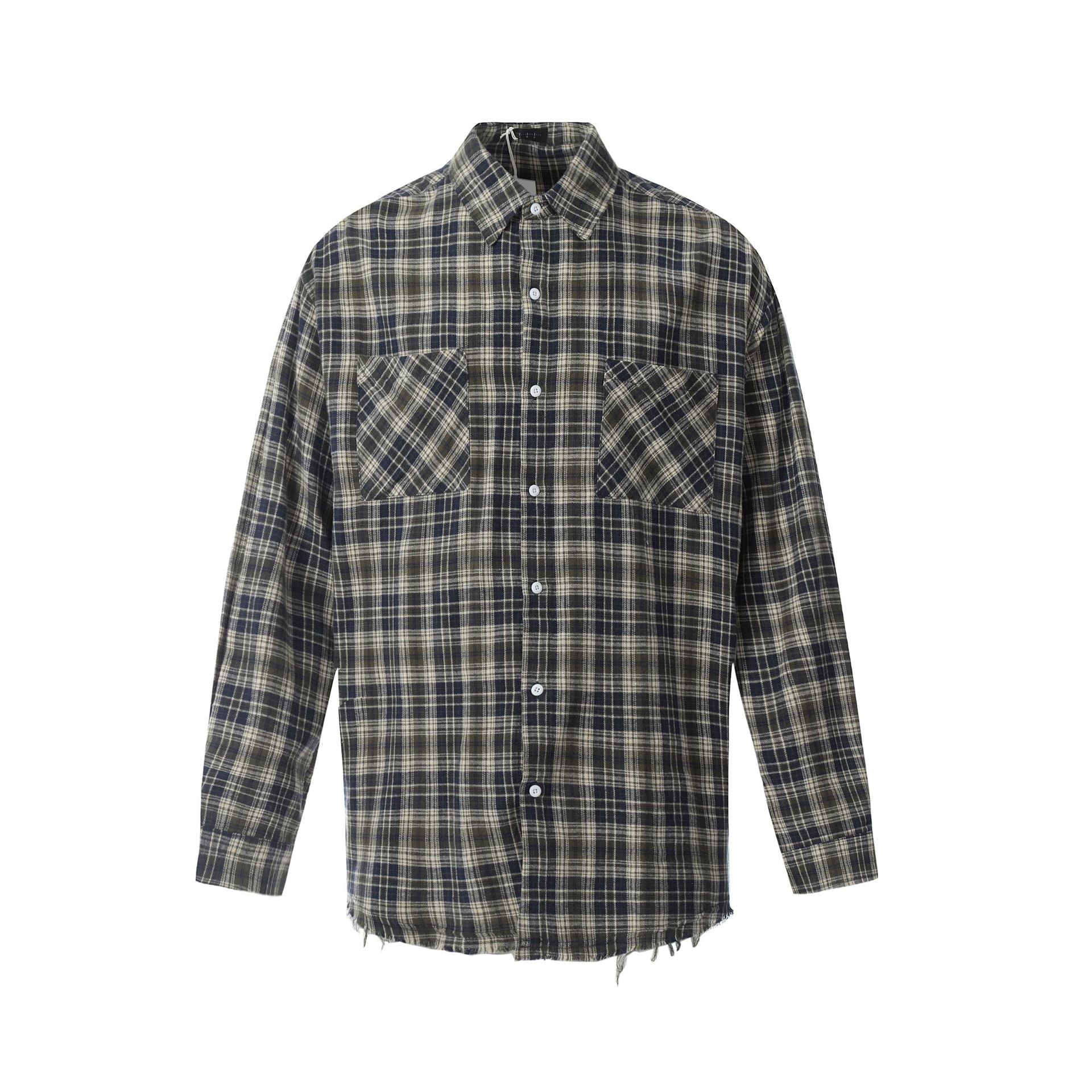 Blue Green Plaid Long Sleeve Turn-Down Collar Shirt