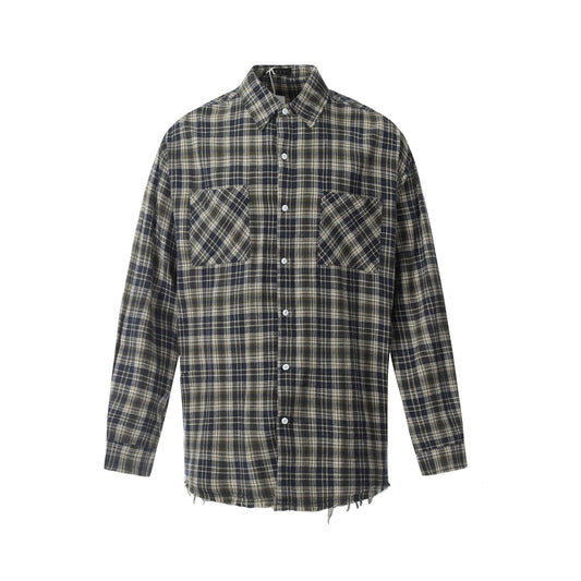 Blue Green Plaid Long Sleeve Turn-Down Collar Shirt