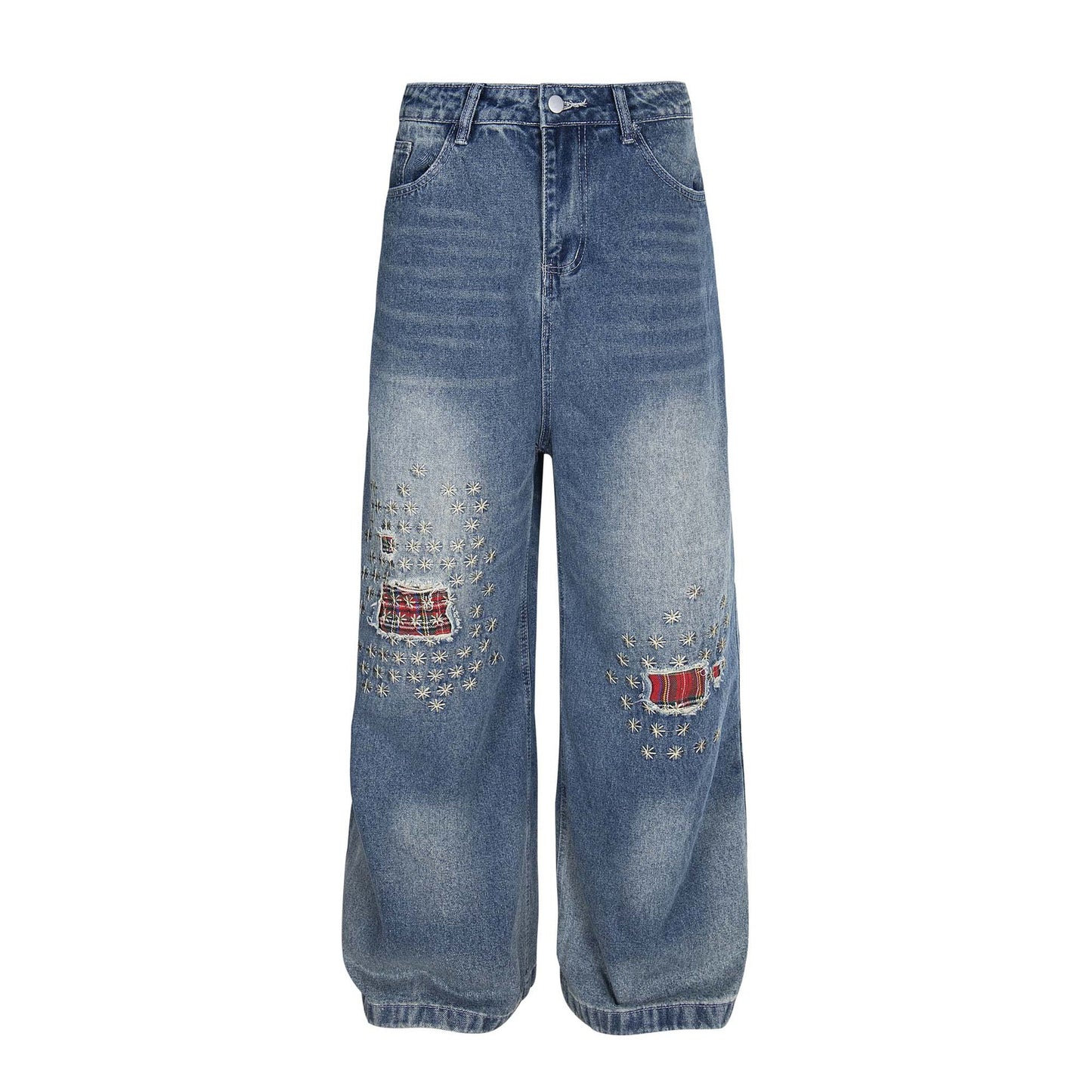 Washed Patch Embroidered Denim Pants for Men and Women - Loose Wide Leg Straight Trousers