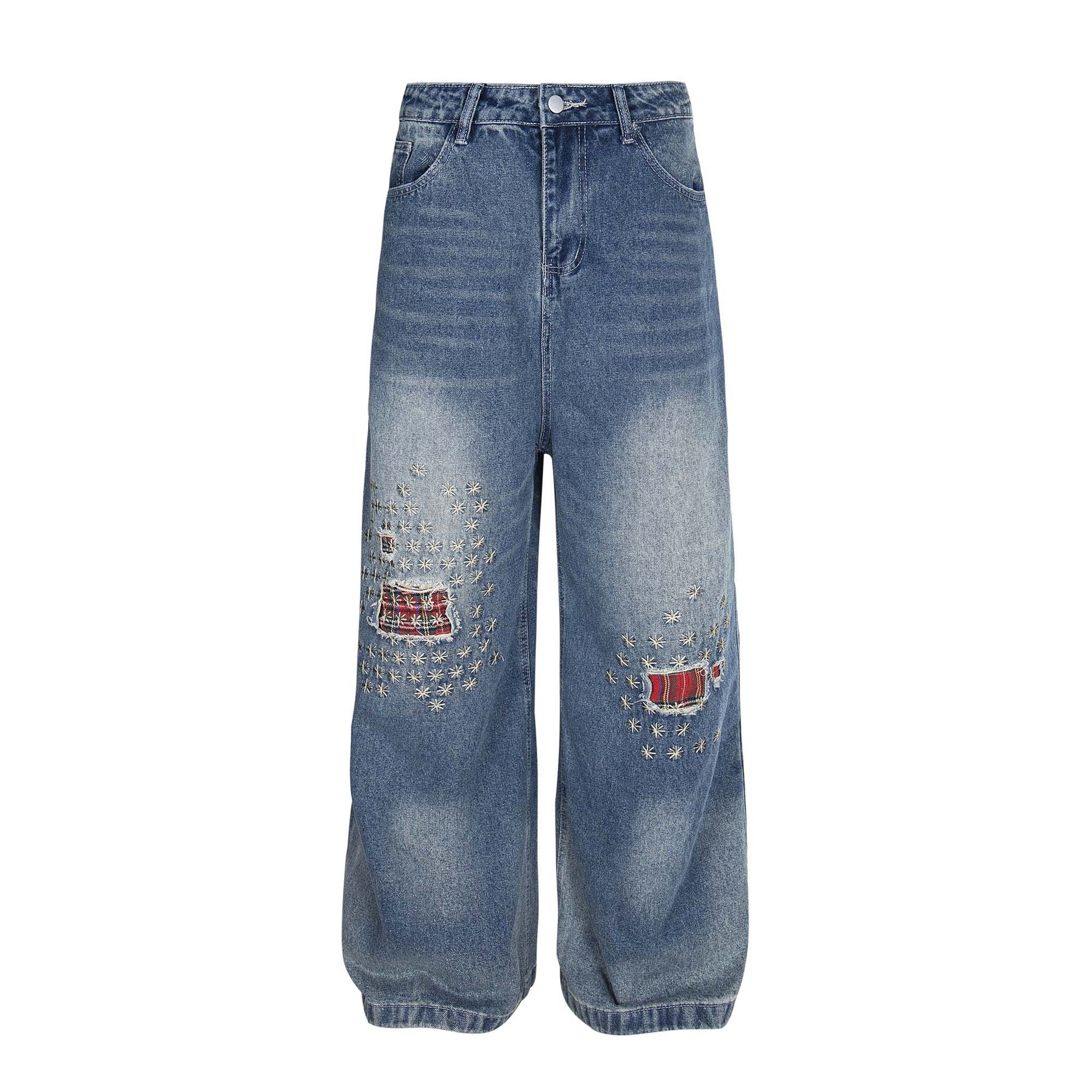 Washed Patch Embroidered Denim Pants for Men and Women - Loose Wide Leg Straight Trousers