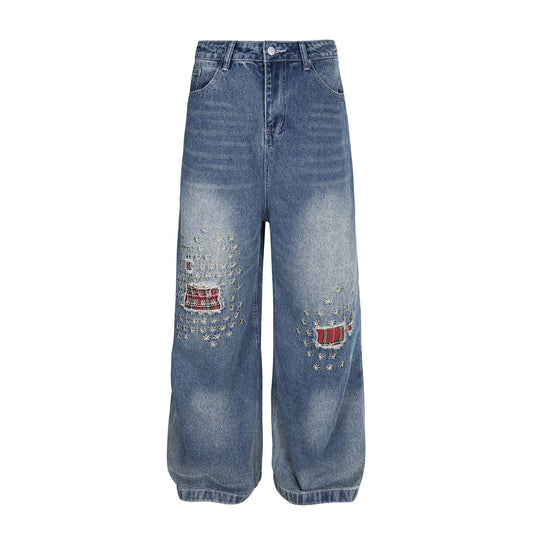 Washed Patch Embroidered Denim Pants for Men and Women - Loose Wide Leg Straight Trousers