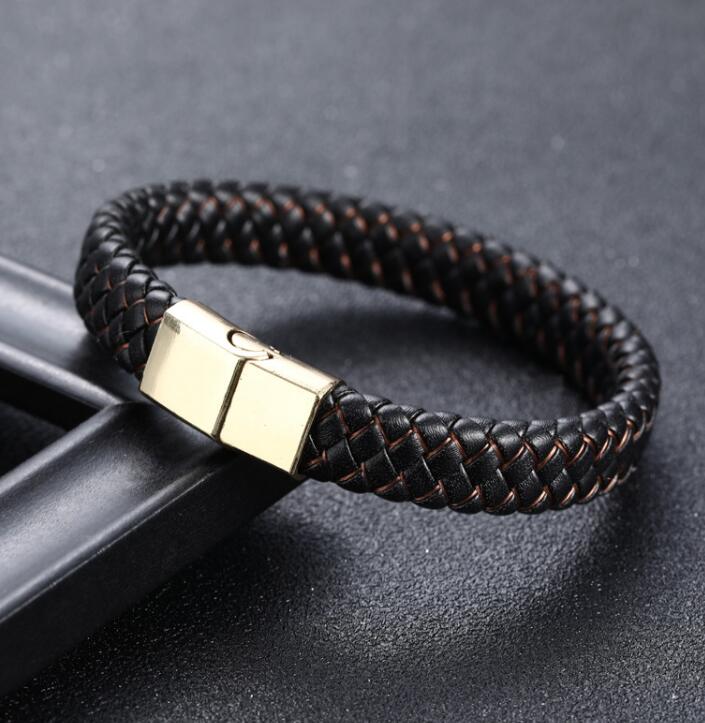 Braided Black Blue Leather Bracelet for Men with Stainless Steel Magnetic Clasp