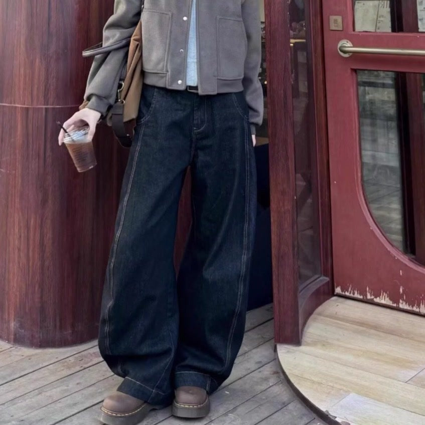 Unisex Retro Lazy Style Scythe Design Denim Pants - Loose Slimming Wide Leg