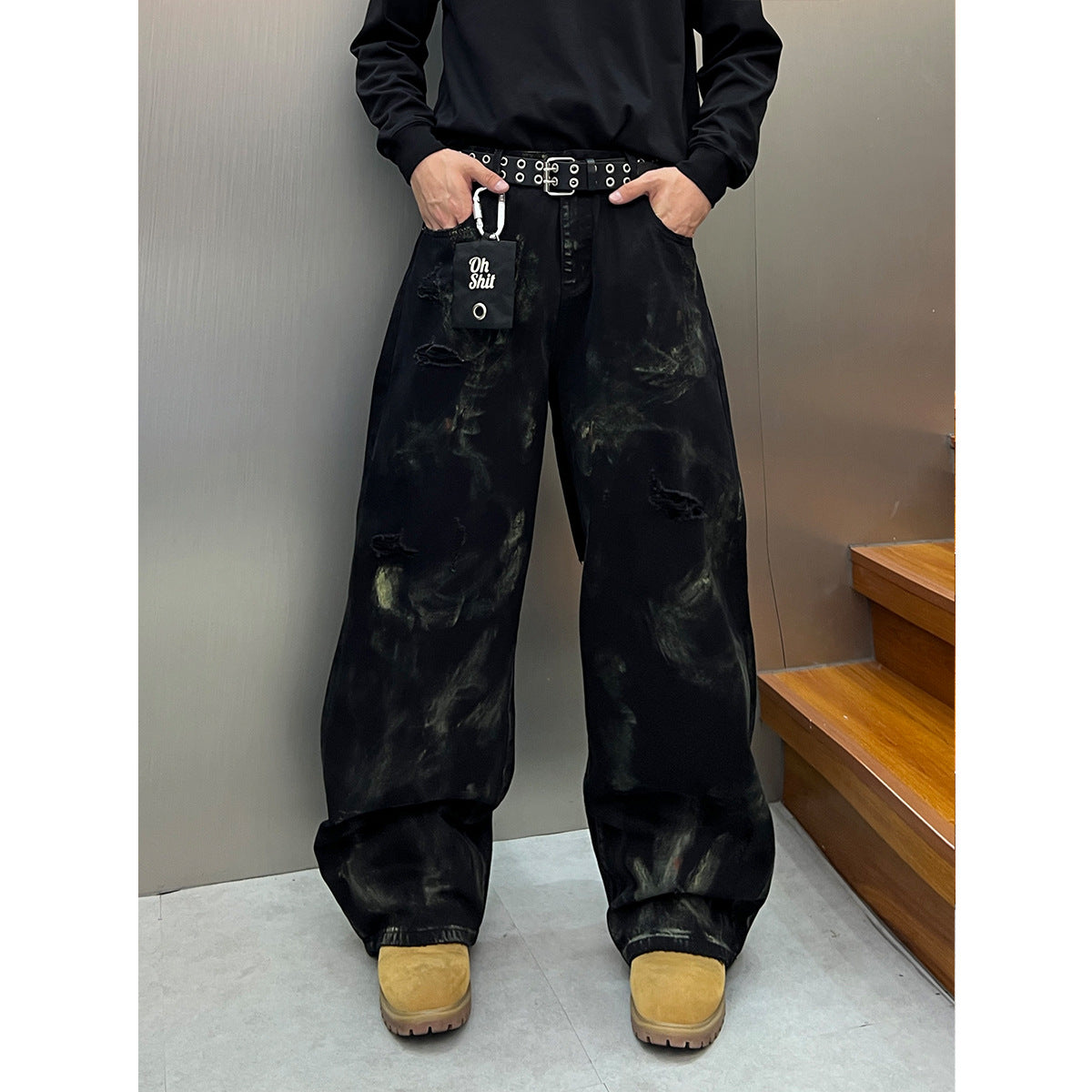 Graffiti Washed Ripped Denim Loose Wide Leg Pants