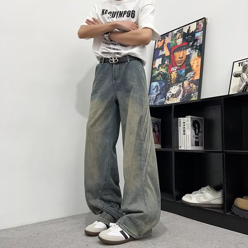 Retro Washed Straight Leg Denim Curved Knife Wide Leg Pants