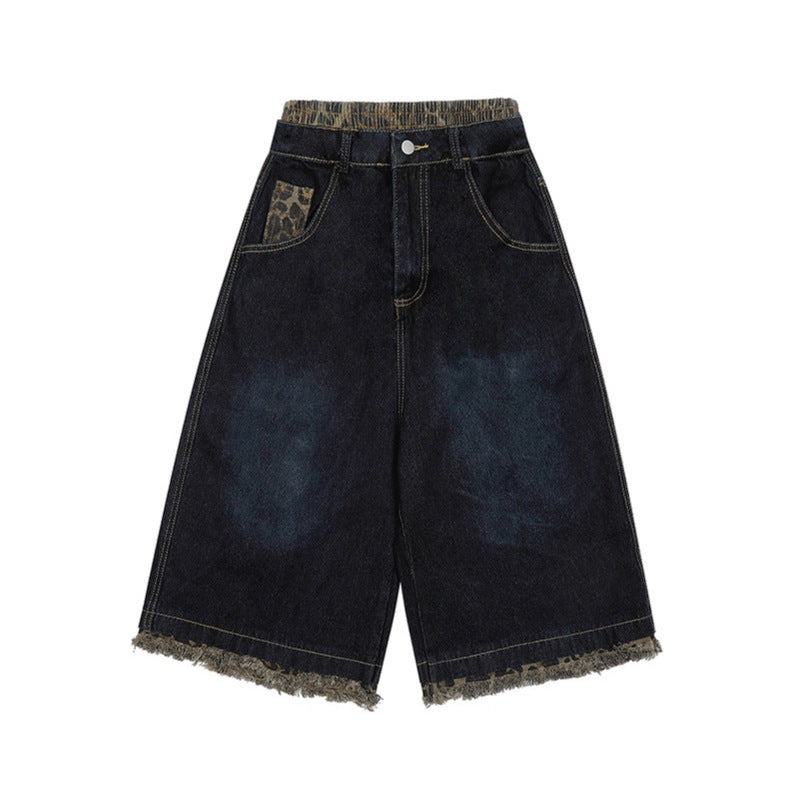 Leopard Print Patchwork Brushed Seven Quarter Denim Shorts