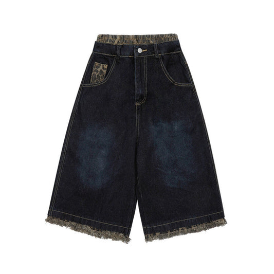Leopard Print Patchwork Brushed Seven Quarter Denim Shorts
