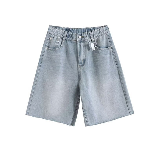 Elastic Waist Frayed Edge Loose Denim Straight Leg Shorts for Women