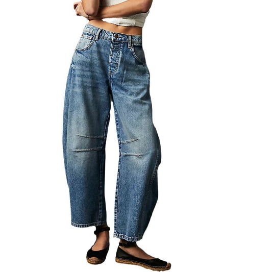 Elastic Loose Wide Leg Mid Low Waist Washed Denim Pants