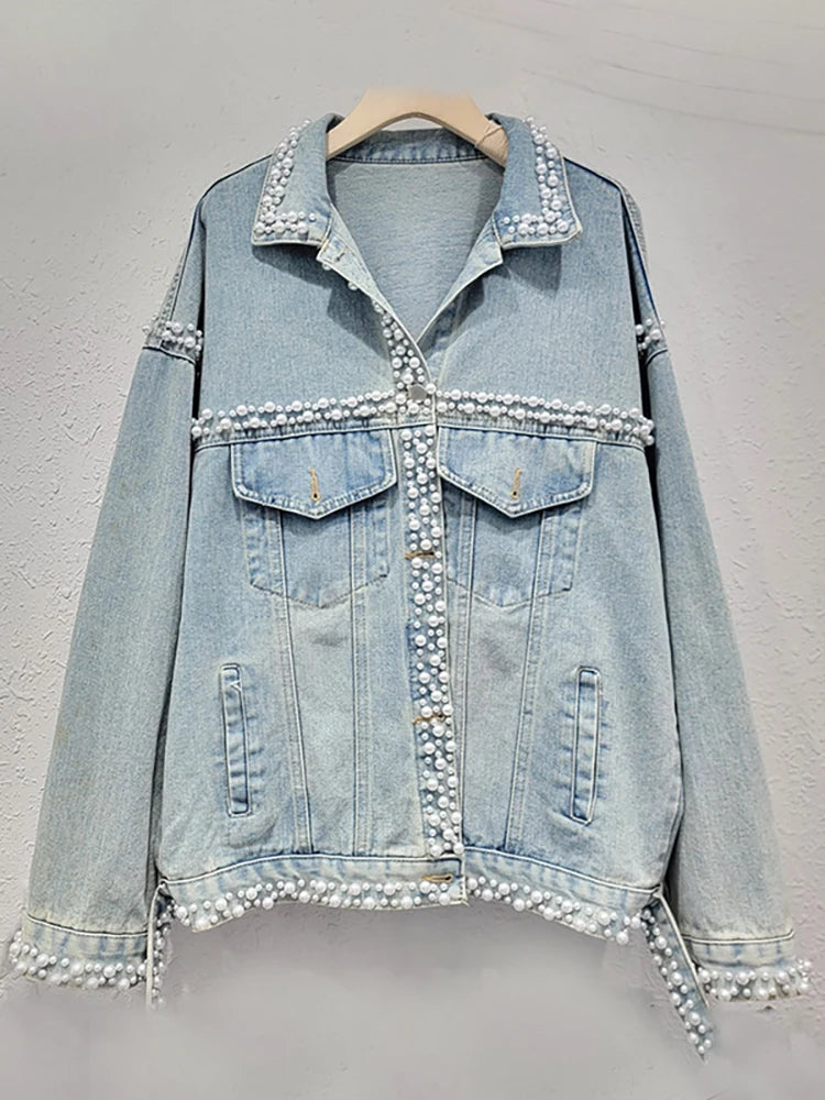 Women's Light Blue Denim Jacket with Pearl Embroidery and Flares