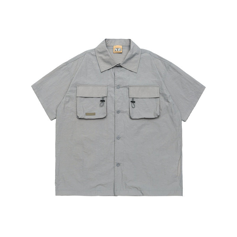 Three-Dimensional Large Pocket Wrinkled Loose Short-Sleeved Shirt for Men
